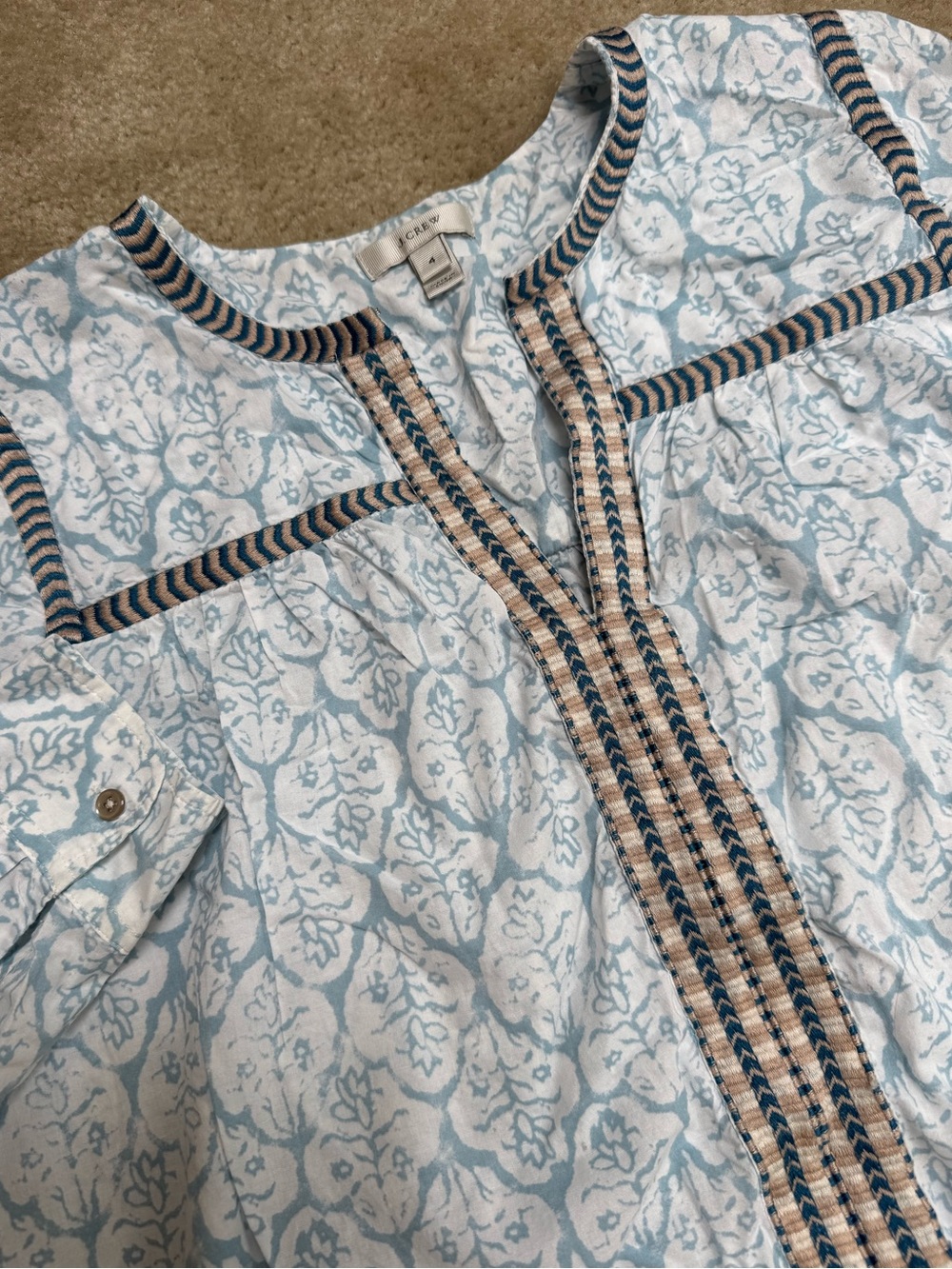 J. Crew Sz 4 Light Blue Floral Popover with Braided Trim